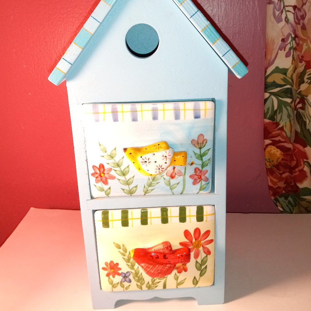 BLUE WOODEN AND CERAMIC COLORFUL FLORAL BIRD HOUSE STORAGE BOX